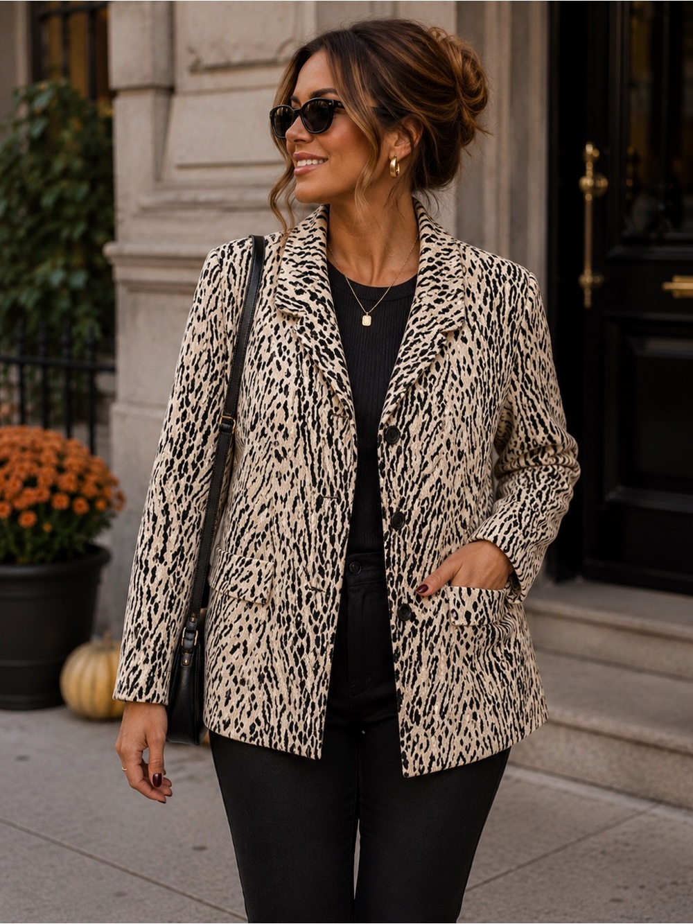 Talbots Black and Cream Animal Print Blazer